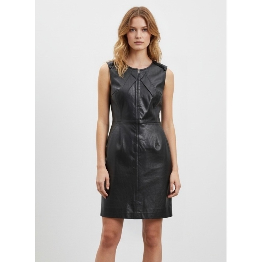 Elie Tahari Womens Black 100% Leather Sleeveless Front Zip Sheath Dress Size 0